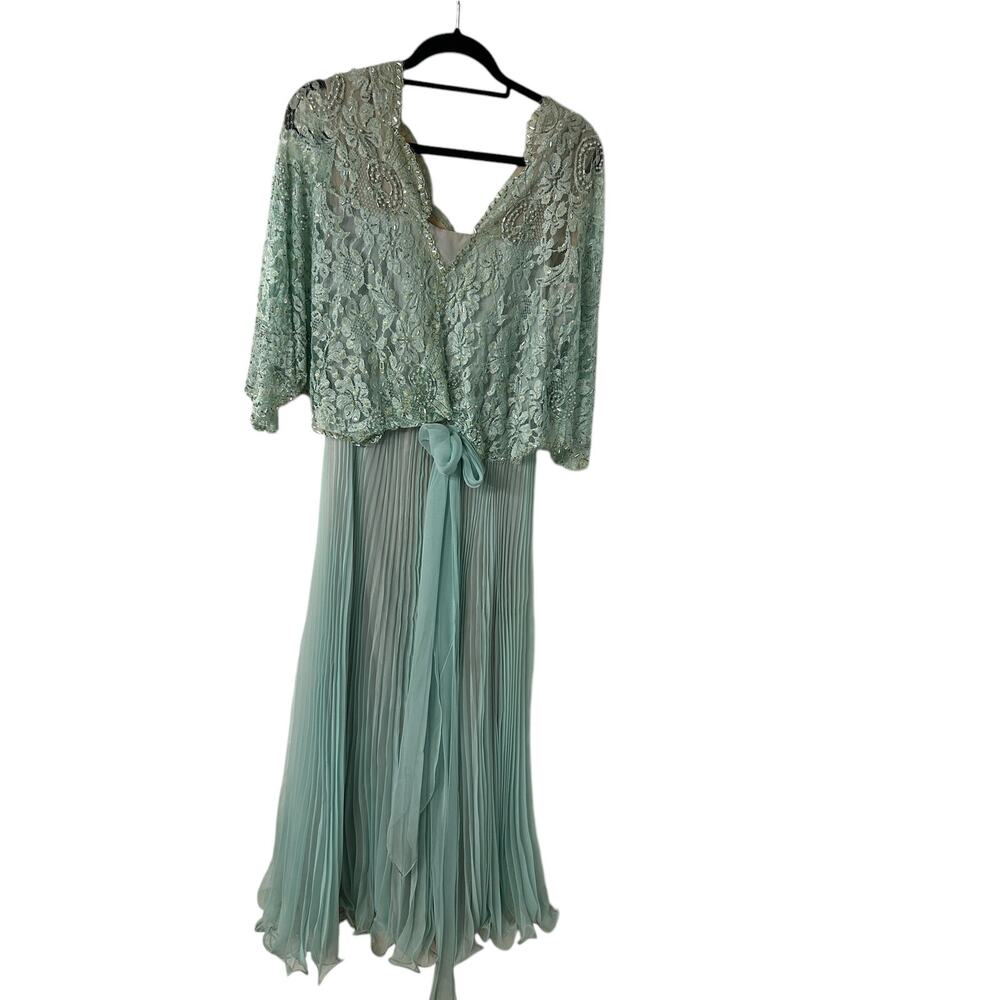 Vintage Jack Bryan Teal Maxi Dress – Chiffon,‎ Pleated Skirt & Beaded Lace